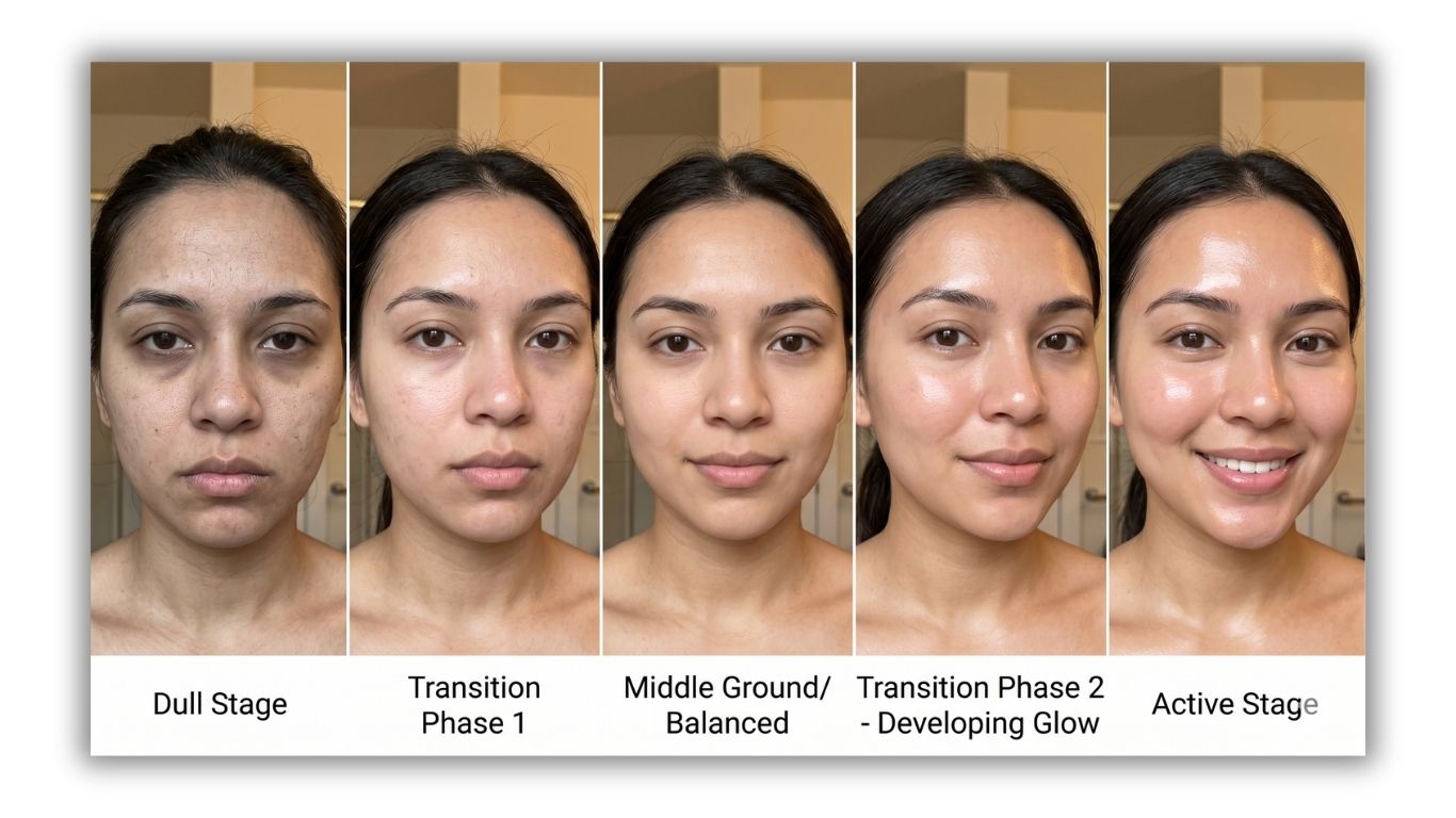 Skin transformation progression from Dull Stage to Active Stage at Rida Radiance