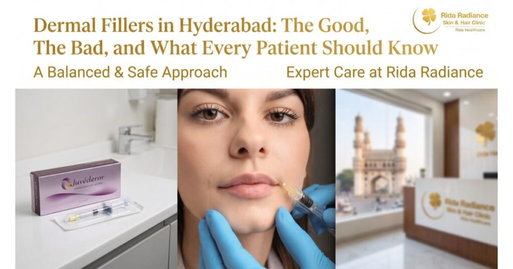 Dermal fillers in Hyderabad by Rida Radiance Skin and Hair Clinic, showing lip filler injection and clinic reception