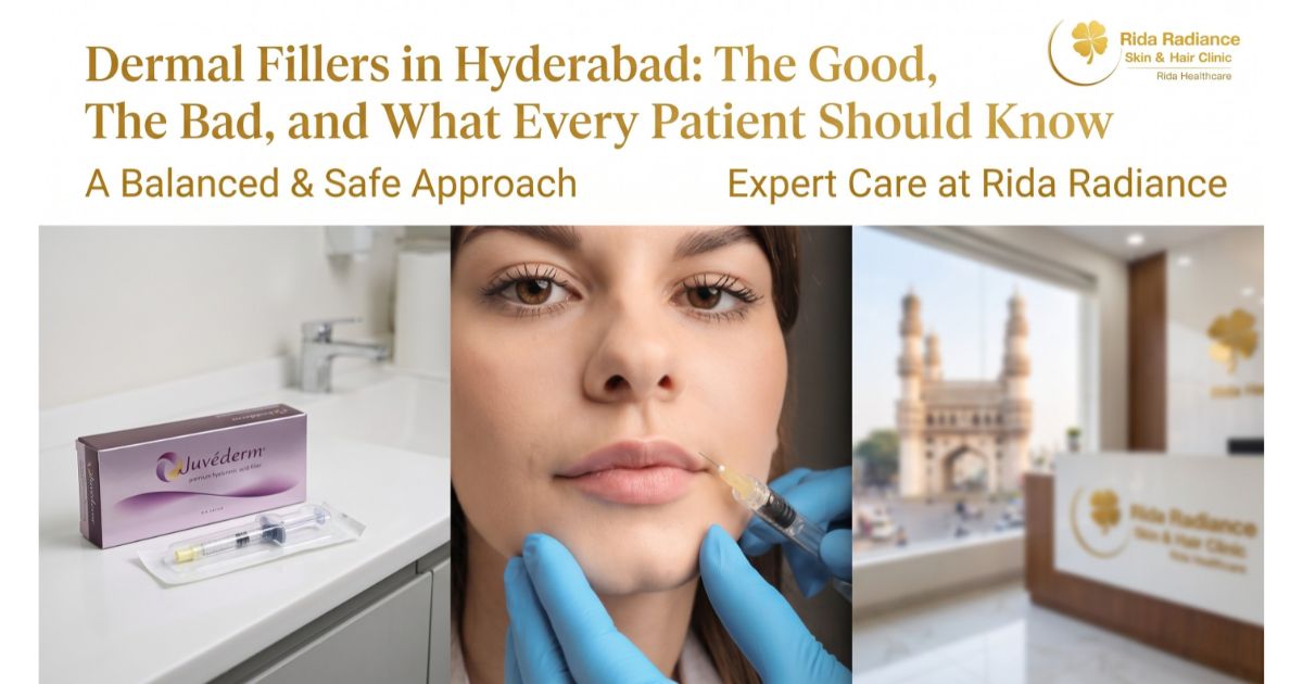 Dermal fillers in Hyderabad by Rida Radiance Skin and Hair Clinic, showing lip filler injection and clinic reception